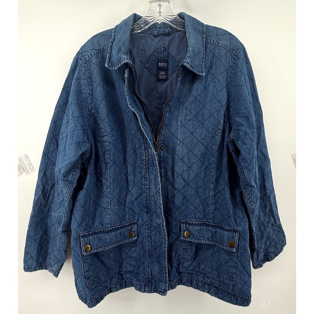 Basic Editions Womens Blue Quilted Denim Chore Jacket Zip Snap Pockets Large